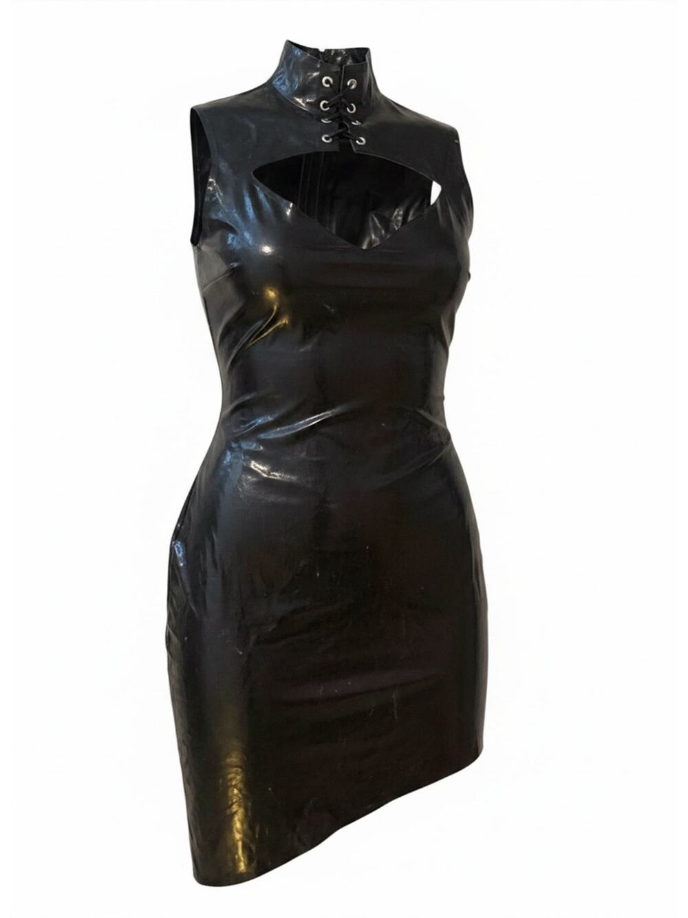 Dress Skin Two 100% Latex Black Mini Cutout High Neck Lace Up Eyelet M